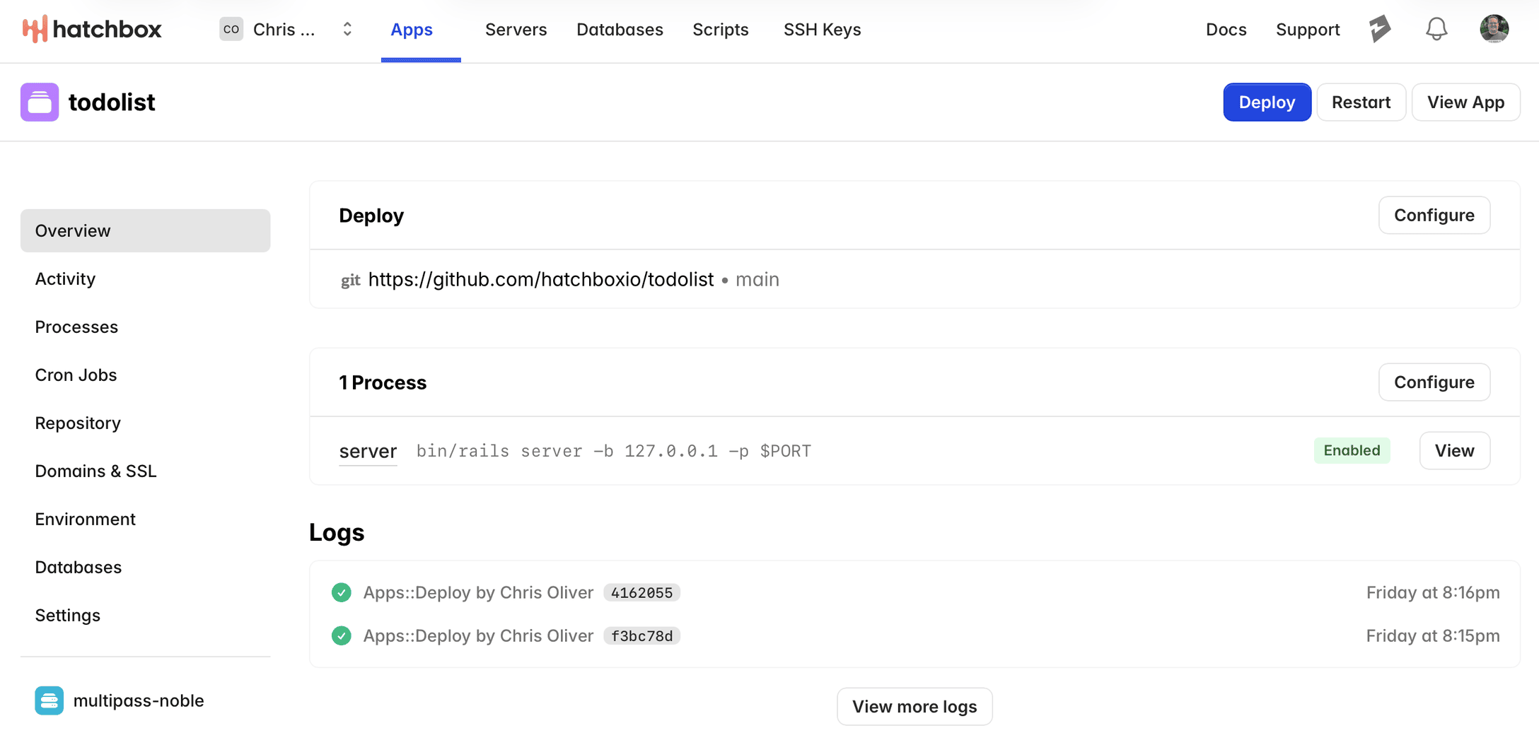 The Hatchbox dashboard showing a deployed application, its servers, and deploy history