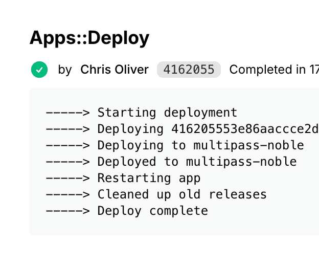 App deployment screen showing databases, env vars, cron jobs, and streaming deploy logs
