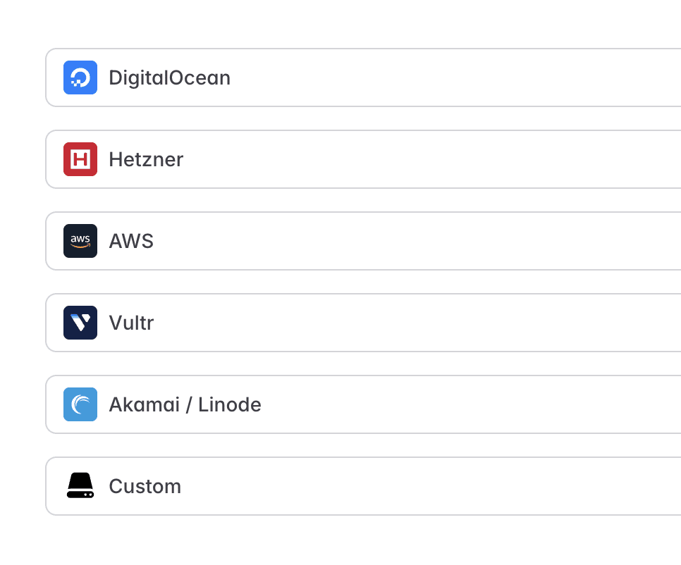 Hosting provider selection screen showing DigitalOcean, Hetzner, AWS, and other providers