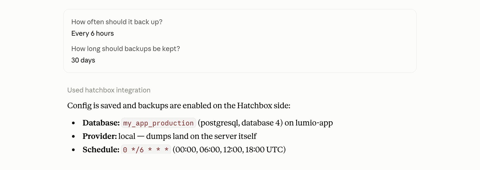 Claude Desktop configuring database backups on a Hatchbox app, showing the schedule and retention it saved